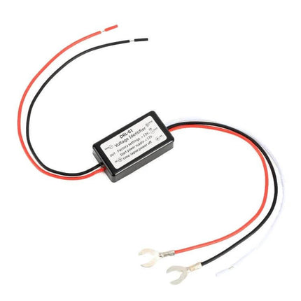 Universal Car LED Running Light With Remote Control - black voltage converter module with red and black wires and spade connectors for quick install