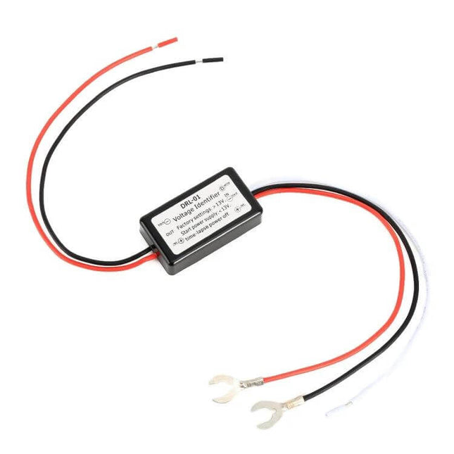 Universal Car LED Running Light With Remote Control - black voltage converter module with red and black wires and spade connectors for quick install