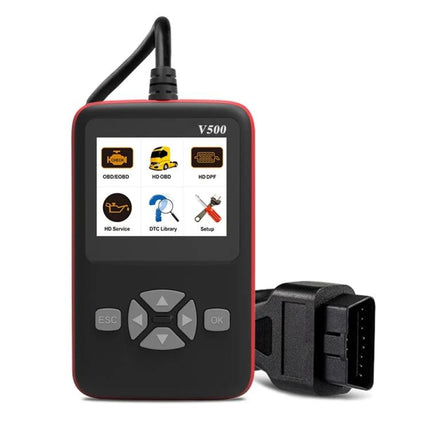 V500 OBDII Tool for Daily Vehicle Maintenance and Diagnostics handheld scanner plugged into car OBDII port