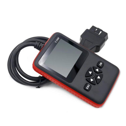 V500 OBDII Tool for Daily Vehicle Maintenance and Diagnostics handheld scanner with cable plugged into OBDII connector