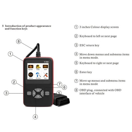 V500 OBDII Tool for Daily Vehicle Maintenance and Diagnostics handheld scanner showing 3-inch color screen, buttons and OBDII connector
