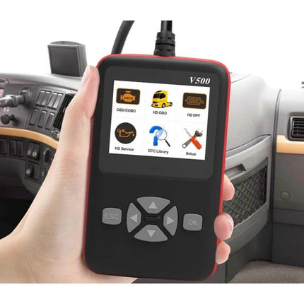 V500 OBDII Tool for Daily Vehicle Maintenance and Diagnostics handheld scanner reading codes in a truck dashboard