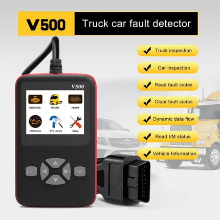 V500 OBDII Tool for Daily Vehicle Maintenance and Diagnostics handheld scanner showing menu and OBDII connector