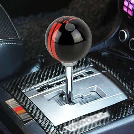 Universal Resin Ball Gear Shift Knob for Manual Vehicles installed on car shifter with black resin ball and red stripe