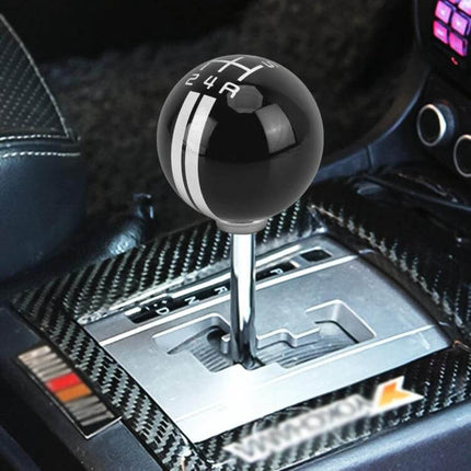 Universal Resin Ball Gear Shift Knob for Manual Vehicles installed on black interior, durable resin round knob with white racing stripes