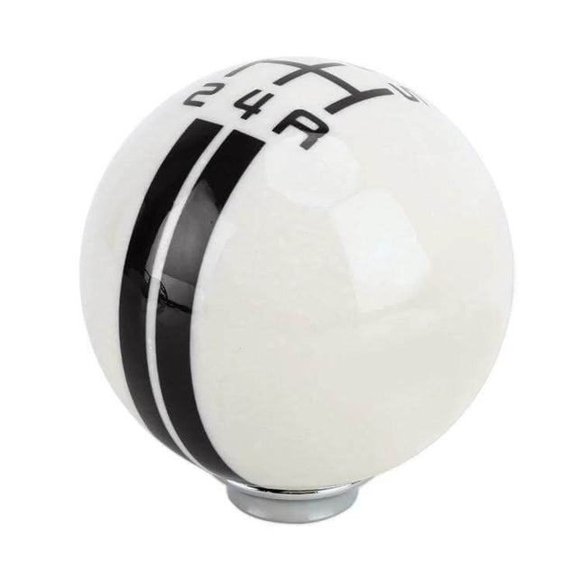 Universal Resin Ball Gear Shift Knob for Manual Vehicles - white resin ball with black racing stripes and shift pattern