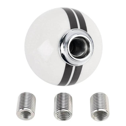 Universal Resin Ball Gear Shift Knob for Manual Vehicles - white resin ball with black racing stripe and three metal adapters