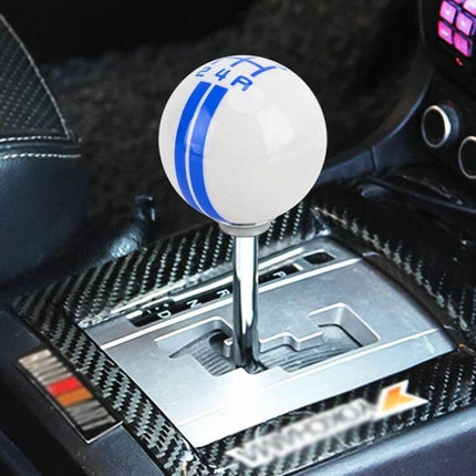 Universal Resin Ball Gear Shift Knob for Manual Vehicles installed on car center console with blue racing stripes