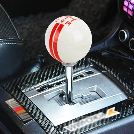 Universal Resin Ball Gear Shift Knob for Manual Vehicles installed in car center console, white ball with red stripes and shift pattern