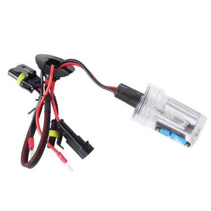 H1 HID Xenon Headlight Kit For Cars, 2-Pack, Slim Ballast close-up of H1 bulb with slim ballast wiring harness, 4300K neutral white upgrade