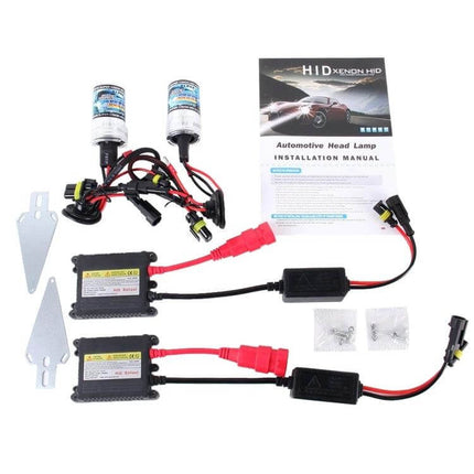H1 HID Xenon Headlight Kit For Cars, 2-Pack, Slim Ballast showing two HID bulbs, slim ballasts, wiring harness and installation manual