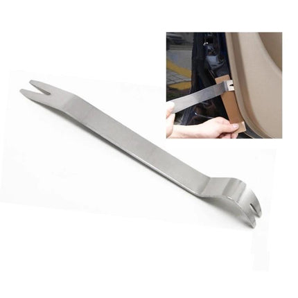 FatMax Steel Wrecking Bar for Everyday Home Repairs - stainless steel pry bar shown removing trim and prying panels