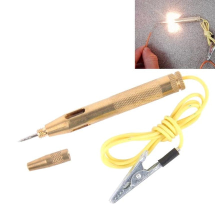 Handy Circuit Tester for Everyday Home Electrical Maintenance showing gold tester pen with yellow lead and alligator clip lit on wire