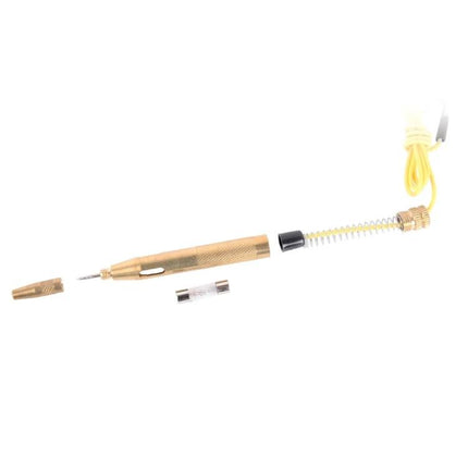 Handy Circuit Tester for Everyday Home Electrical Maintenance showing gold pen-style tester, fuse and yellow lead for checking outlets and wiring