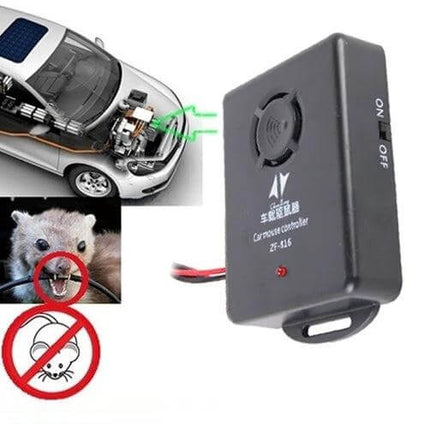 Car Mouse Control Repellent Ultrasonic Rodent And Insect Guard device shown mounted in car engine bay emitting ultrasonic waves to deter rodents and insects
