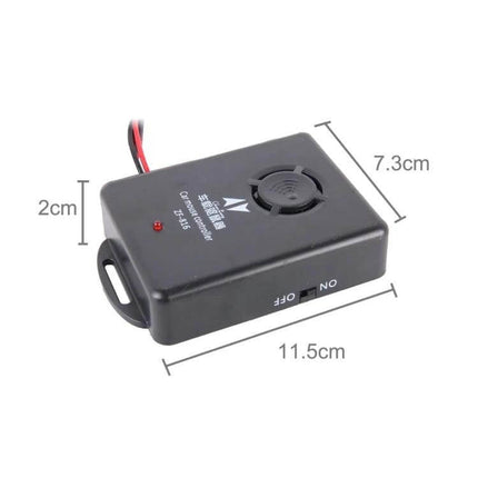 Car Mouse Control Repellent Ultrasonic Rodent And Insect Guard compact in-car ultrasonic pest deterrent unit with on/off switch and dimensions shown