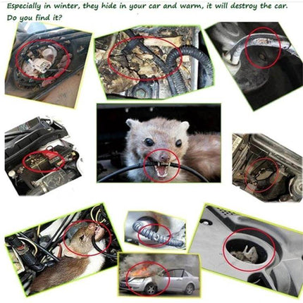 Car Mouse Control Repellent Ultrasonic Rodent And Insect Guard showing rodents chewing car wiring and infestations inside vehicle components