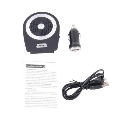 Jabra Tour Bluetooth Hands-Free In-Car Speakerphone shown with charger, USB cable and manual, sun visor mount for hands-free driving