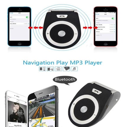 Jabra Tour Bluetooth Hands-Free In-Car Speakerphone mounted on sun visor showing phone pairing and navigation playback