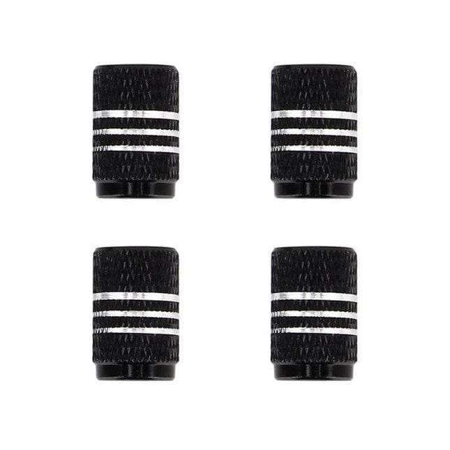 Metal Plated Circular Tire Valve Cap With White Diamond black textured set of four, low-profile Schrader valve caps protecting cores