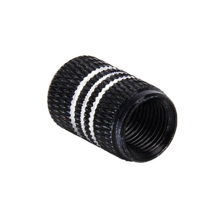 Metal Plated Circular Tire Valve Cap With White Diamond black knurled metal valve cap with white stripes, protects Schrader valve cores, low-profile decorative cap