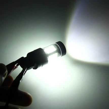 White LED Car Brake Light for Vehicles Easy Install showing bright white LED bulb illuminated in hand for rear brake upgrade