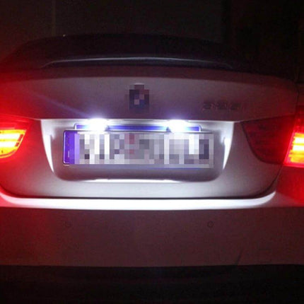 Two-Pack License Plate Light, White LED, Plug-and-Play bright white LED illumination on BMW E46 rear license plate, 18 SMD-3528 LEDs