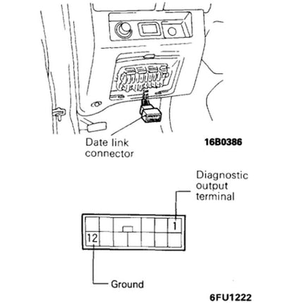 Cable for Routine Mitsubishi Vehicle Diagnostics at Home – 12-pin to 16-pin OBD2 adapter showing date link connector and diagnostic output terminal