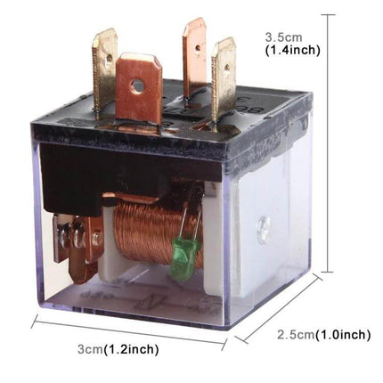 Waterproof Four Plug Car Relay With Warning Light For Everyday Use - 12V transparent case relay showing four brass terminals and coil (compact dimensions)