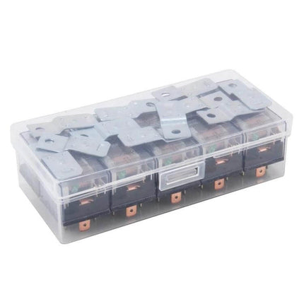 Waterproof Four Plug Car Relay With Warning Light For Everyday Use in clear plastic case showing four 12V relays and mounting brackets