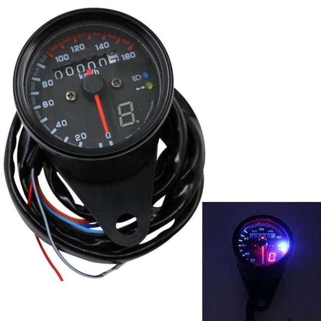 Universal Waterproof 3-in-1 Motorcycle Speedometer and Odometer with clear 0–160 km/h dial, LED backlight and wiring harness, compact waterproof gauge