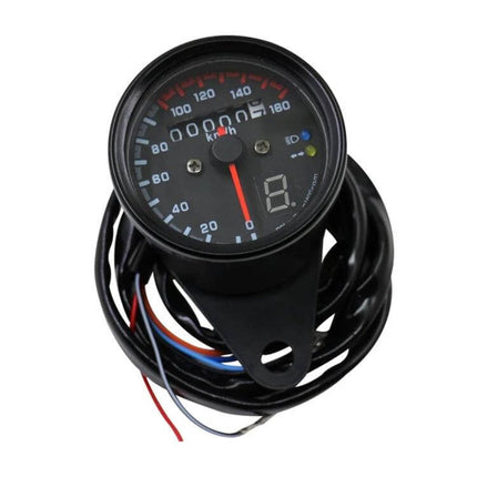 Universal Waterproof 3-in-1 Motorcycle Speedometer and Odometer installed view showing dial, LED backlight and wiring harness