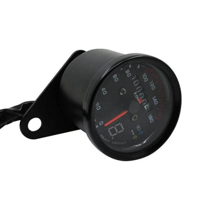 Universal Waterproof 3-in-1 Motorcycle Speedometer and Odometer mounted black gauge with LED backlight showing 0–160 km/h