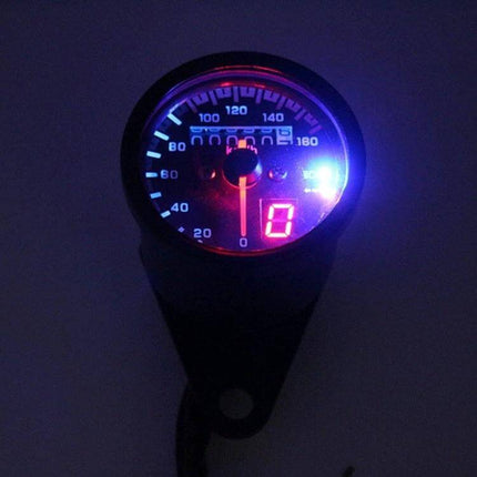 Universal Waterproof 3-in-1 Motorcycle Speedometer and Odometer with illuminated LED backlight showing speed and odometer at night