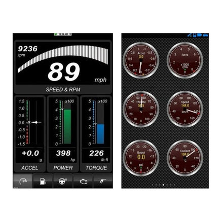 The Vgate iCar Pro Scanner for Routine Car Health Monitoring showing smartphone app speed RPM power torque and gauge displays