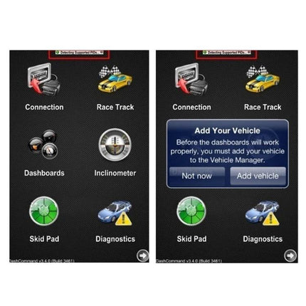 Vgate Car Scanner for Everyday Vehicle Maintenance Checks app dashboard showing Connection Race Track Dashboards Inclinometer Skid Pad and Diagnostics