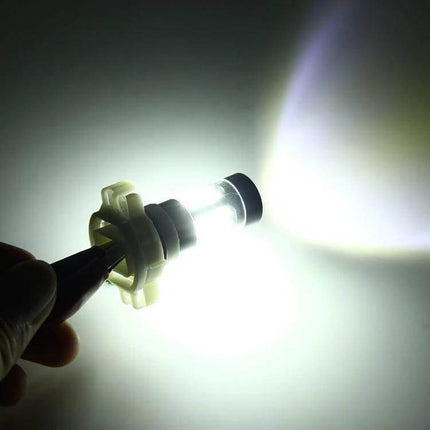 Car Fog Light Bulbs Bright White For Clear Night Driving LED bulb illuminated showing bright white beam for improved night and fog visibility