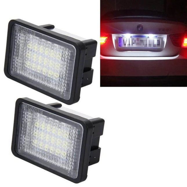 Mercedes GLK License Plate Light 2-Pack With 18 SMD LEDs White - two white LED license plate lamps, plug-and-play replacement with 18 SMD-3528 LEDs each