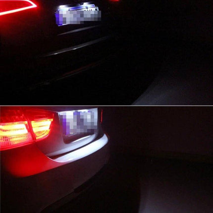 License Plate Light White 2 Pack For Vehicles Easy Plug And Play showing bright white LED illumination on vehicle license plate at night