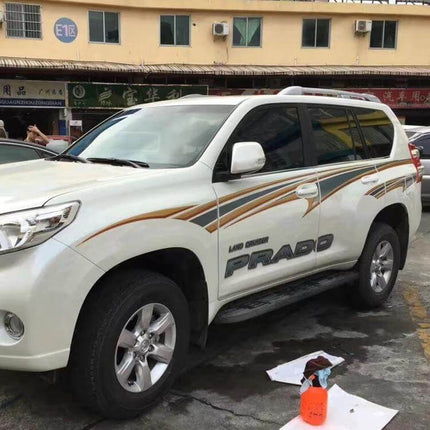 Shining Car Body Decorative Strips for Toyota Prado 4000 2011 shown on white Prado side, easy-install decorative door and side panel strips