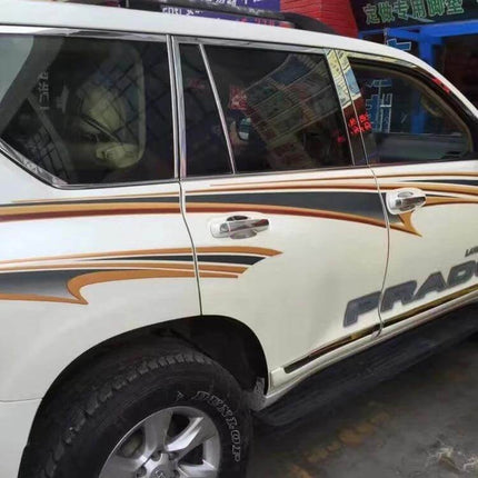 Shining Car Body Decorative Strips for Toyota Prado 4000 2011 fitted on white Prado side doors and panels for a subtle exterior upgrade