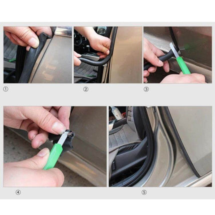 80cm B-Shaped Rubber Chrome Car Decorative Strip for Doors being cut and installed along a car door edge to protect paint and add a chrome accent