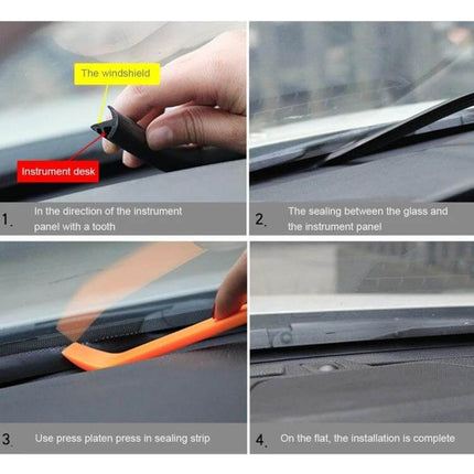 Flexible Chrome Decorative Strip for Car Dashboards, 1.5m Long shown being installed along dashboard edge and windshield seal