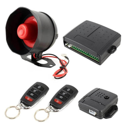 Car Safety Alarm with Two Remote Controls for Vehicle Protection - compact alarm kit with siren, control module and two key fob remotes