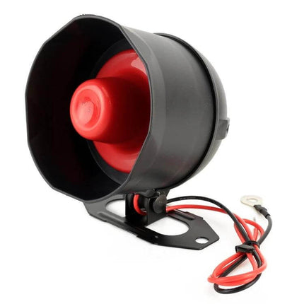 Car Safety Alarm with Two Remote Controls for Vehicle Protection - black siren speaker with red cone and wiring