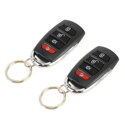 Car Safety Alarm with Two Remote Controls for Vehicle Protection - two black key fob remotes showing lock, unlock and alarm buttons