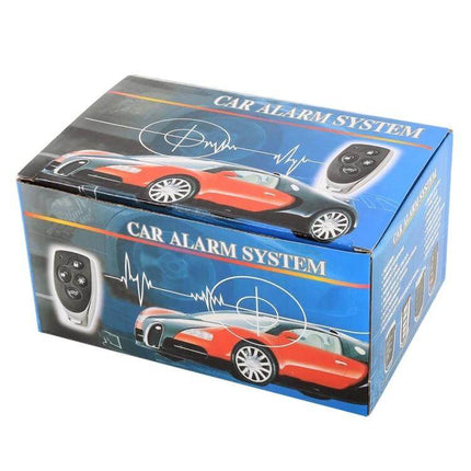 Car Safety Alarm with Two Remote Controls for Vehicle Protection packaging showing two remotes and illustrated car