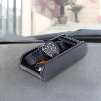 Car Dashboard Organizer with Vent and Sticky Mount for Phones holding watch keys and small items on car dash