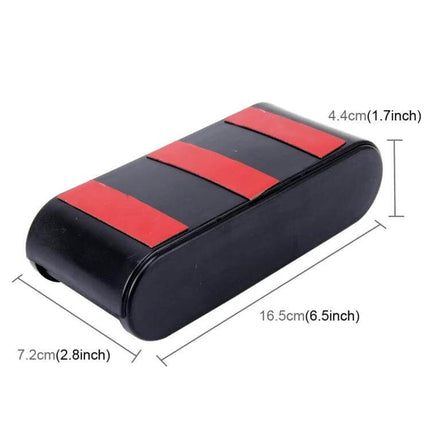 Car Dashboard Organizer with Vent and Sticky Mount for Phones showing black rectangular tray with red sticky strips and product dimensions