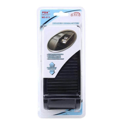 Car Dashboard Organizer with Vent and Sticky Mount for Phones in retail packaging, black organizer shown with vent and sticky mounting options